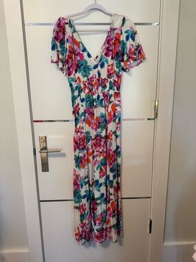 Floral V-Neck Maxi Dress in White with Pink & Teal Floral Print